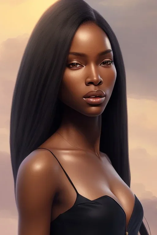 8k 4d photo realistic Highly detailed portrait of stunningly beautiful black woman with long silky hair, by Bryan Lee O'Malley, by Cliff Chiang, by Greg Rutkowski, portrait illustration, cute fine face, pretty face, realistic shaded perfect face, symmetrical eyes, perfect eyes, fantasy setting