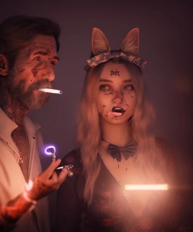 Ultra realistic afternoon photo, happy smoker couple, blonde Alice woman and purple + cat smoking a pipe, circus blue dress style, black headband with bow, old school body tattoo, smoke, marihuana garden, glow eyes, perfect iris, soft color, highly detailed, unreal engine 5, ray tracing, RTX, lumen lighting, ultra detail, volumetric lighting, high definition.