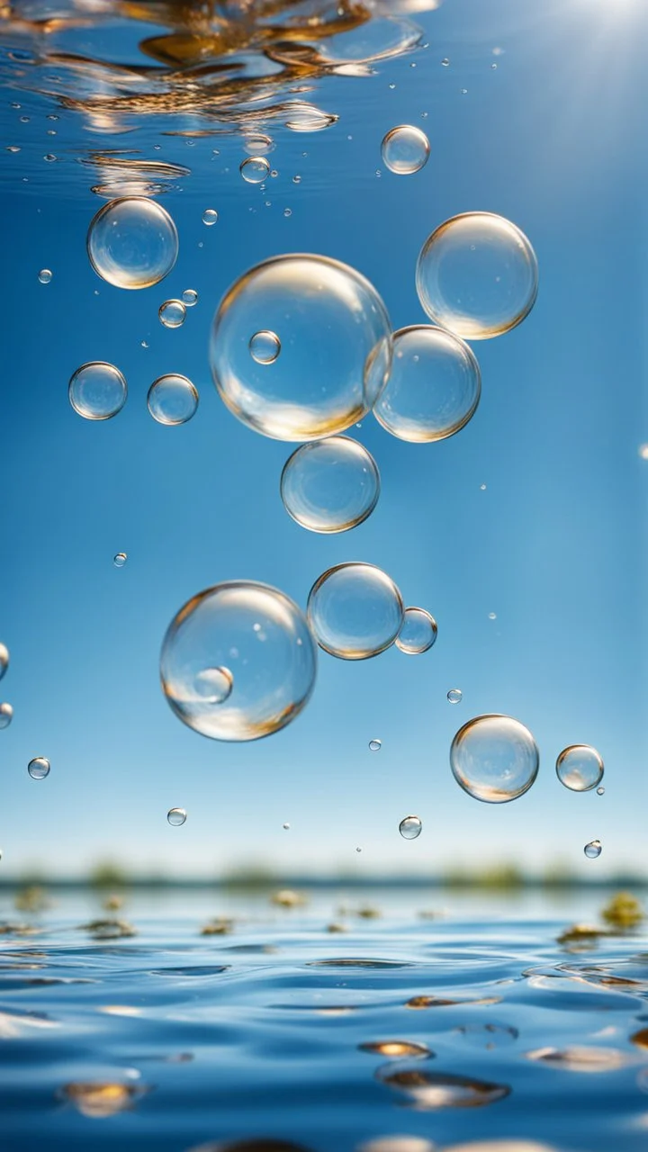 bubbles floating over water with blue sky, stock photography