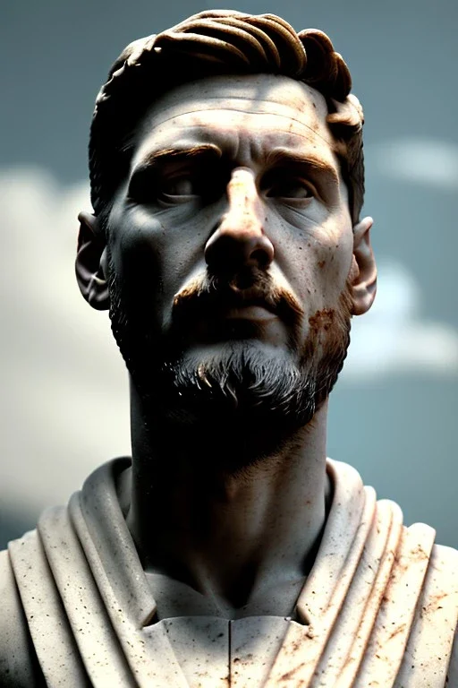 Ultra Realistic image, roman sculpture, white marble material, Lionel Messi, gold winner Laurel crown, miguel angel style, chisel style, emperor, waist up portrait, epic, celestial style, cinematic lighting, God light, god rays, 4k resolution, smooth details, ornate details, soft lighting, unreal engine 5, sky and clouds background.