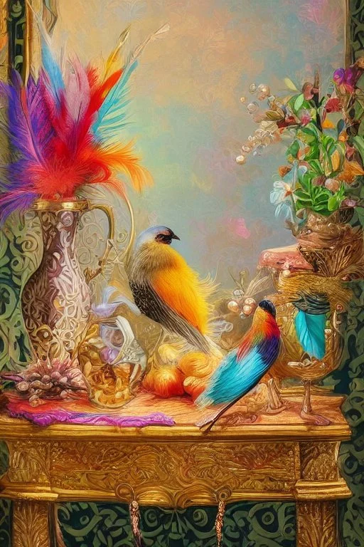 Still life with feathers and gems highly detailed digital painting elegant intricate very attractive beautiful award winning fantastic view crisp quality very cute acrylic art in sunshine