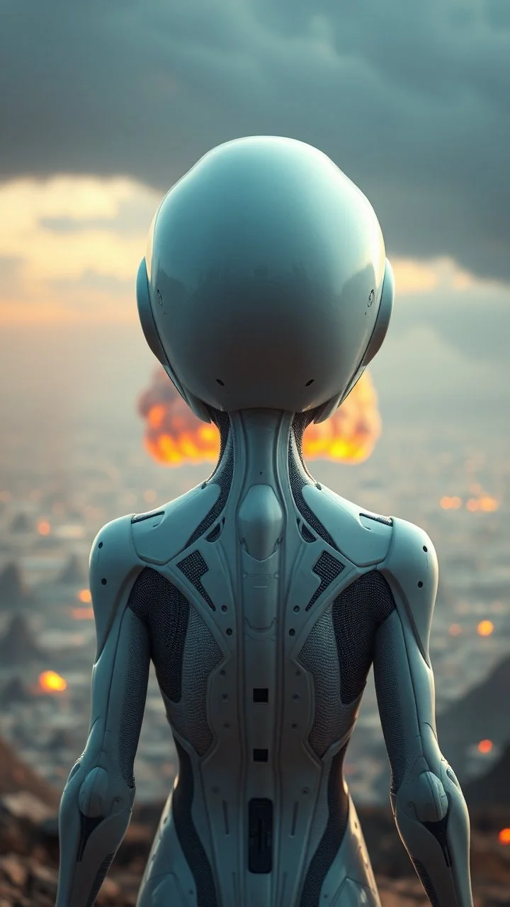 Photoreal Gorgeous godlike white alien cyborg rear view looking over a futuristic nuclear distraction and mushroom explosion of planet earth , in the style of fantasy movies, photorealistic, bokeh masterpiece smooth shading, ultra detailed, high resolution, cinematic, unreal 6, subtle shadows, octane render, 8k, cinema 4d, HDR, dust effect, vivid colors