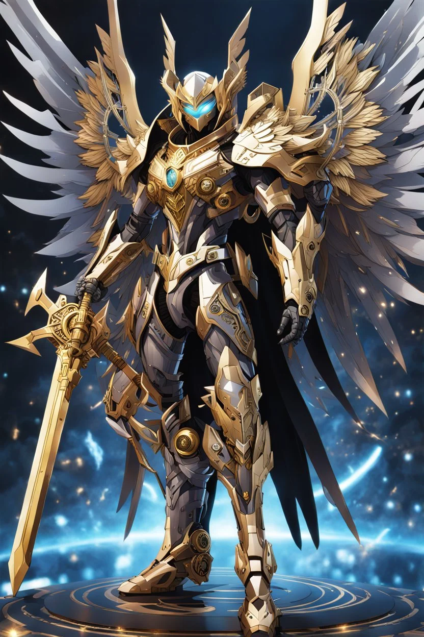 Full body god void with Multiarms, hoodie, cover face, crystal sword, crystals arm, galaxy face, solo leveling shadow artstyle , high details, intricate details, highly detailed Man Angel cyborg straddle wings, using traditional armor,detailed, intricate,gears cogs cables wires circuits, gold silver chrome copper