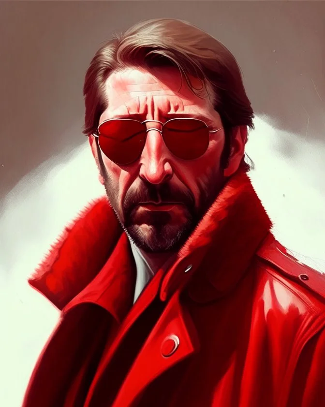 a man who looks like hans gruber wearing a trench coat and red sunglasses staring with a judgmental look on his face