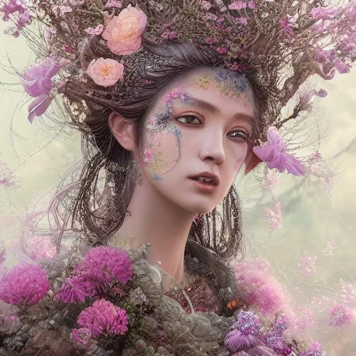 Insanely detailed photograph of an “portrait of gorgeous spring goddess ” with intricate hair, intricate embroidered dress, beautiful clear face and hyperdetailed painting by Ismail Inceoglu Huang Guangjian and Dan Witz CGSociety ZBrush Central fantasy art album cover art,8K, hdr, romantic, mysterious, ominous, beautiful flowers, jewelry, comfort, natural eyes, "arms open for embrace", naked,tasteful