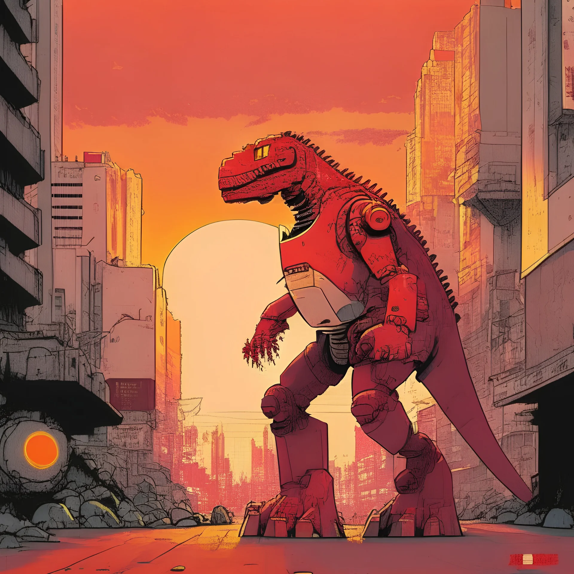 Red Dinosaur robot walking in Kowloon City, Hong Kong, sunset hour, art by Otomo Katsuhiro crossover Yayoi Kusama and Hayao Miyazaki