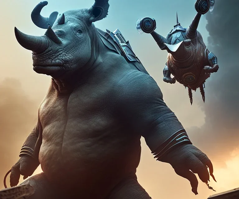 mdjrny-v4 style, humanoid rhino cop, dramatic lighting, epic photo, volumetric lighting, detailed, photo realistic, cinematic