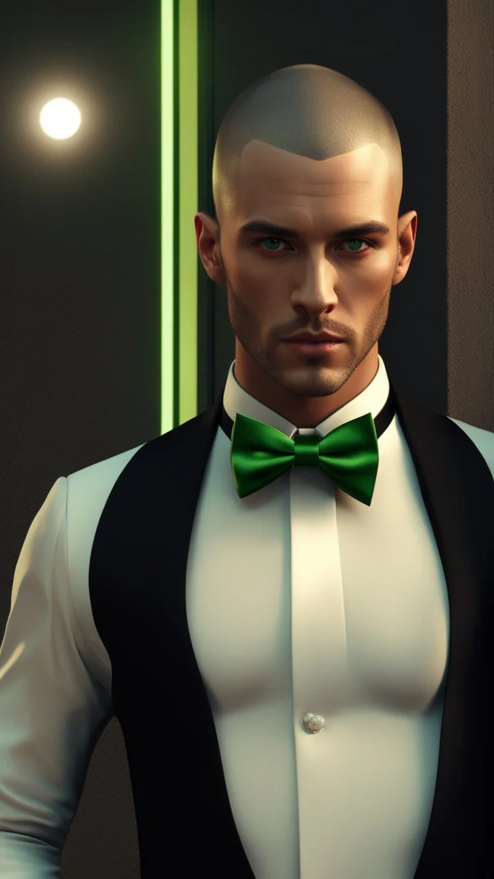 Handsome tough Alpha Male aged 30. buzz-cut hair, stubble on chin, wearing a black tuxedo with a green bow tie. Hyperrealistic 4k dark fantasy