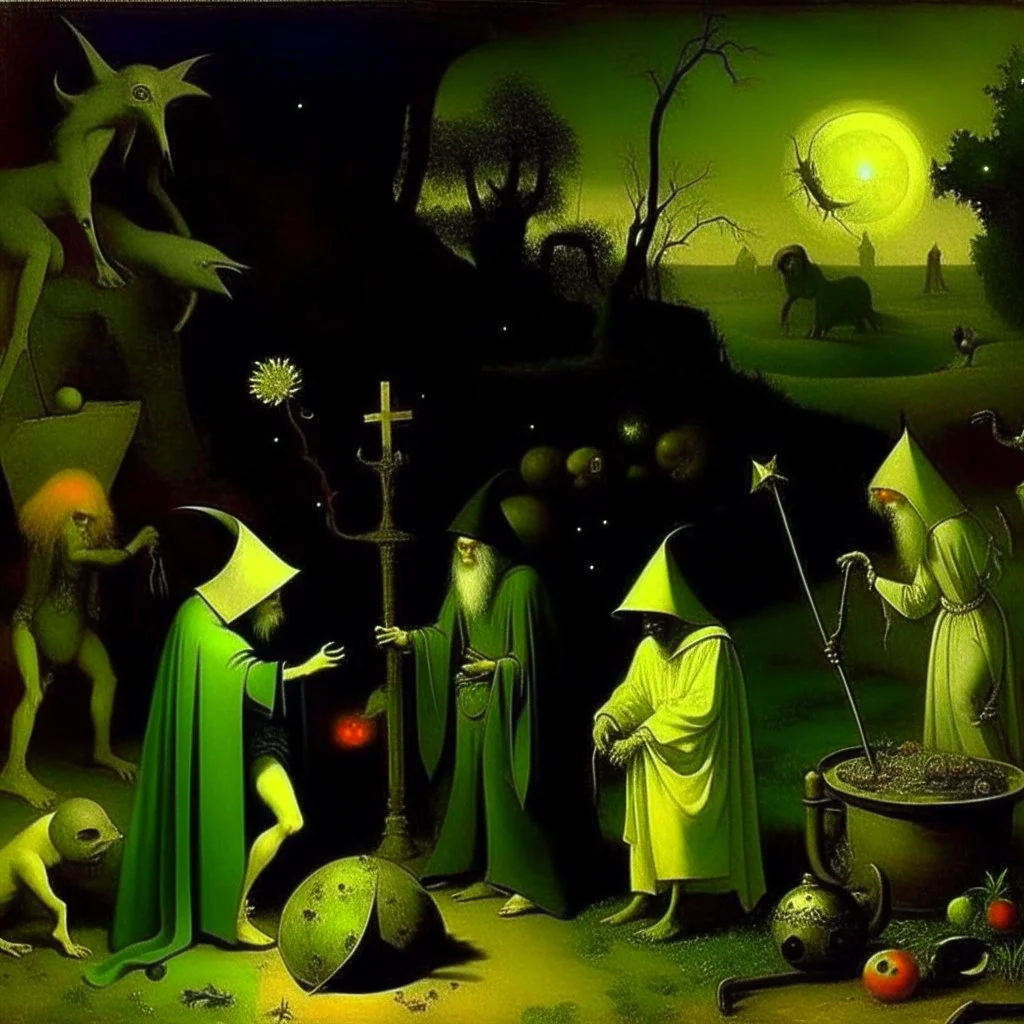 some mysterious figures, odd background, cinematic, Hieronymus Bosch, Max Ernst, vegetal life, rotten, ambient light, cry, ritual