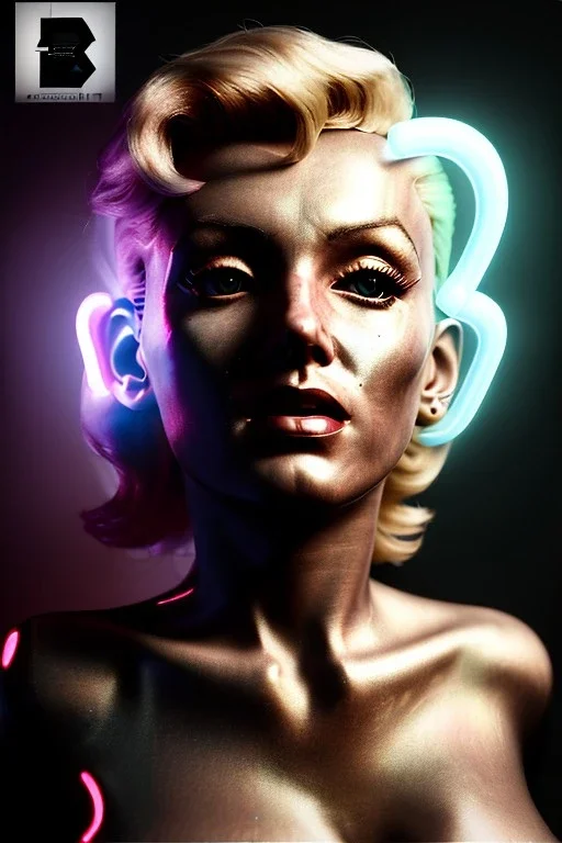 Ultra Realistic image, portrait, blonde woman, sweet Marylin Monroe face, perfect iris, glow eyes, glow makeup. Cyborg, Cyberpunk style, oversized transparent latex coat, yakuza tattoos body. fog, rain, soft color, highly detailed, unreal engine 5, ray tracing, RTX, lumen lighting, ultra detail, volumetric lighting, 3d, finely drawn, high definition, high resolution.