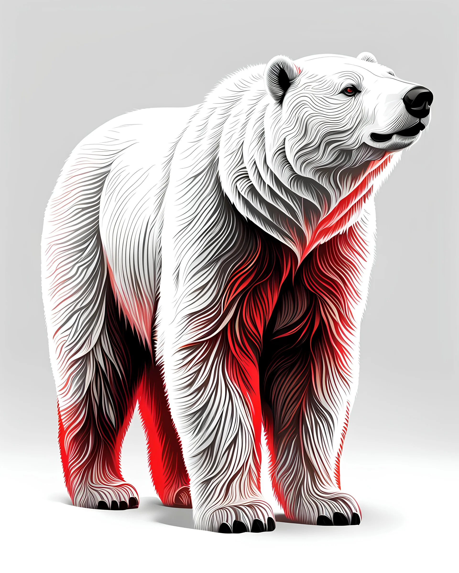 Art illustration lineal polar bear, calidad ultra, hiperdetallado, 12k, fondo blanco, color blanco, rojo, negro y marrón full body