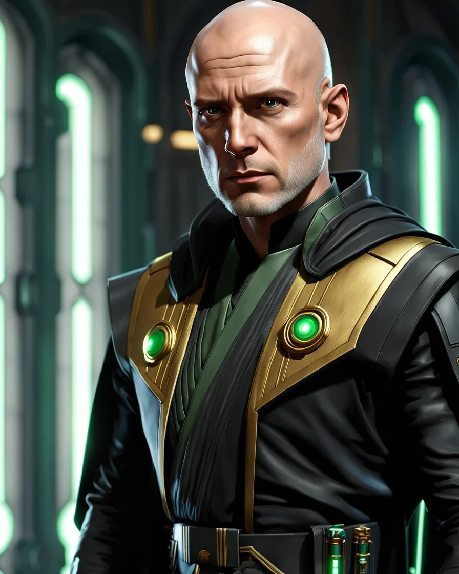 star wars bald male corellian jedi pilot wearing black and gunmetal grey old republic armored robes with gold trim inside the jedi temple holding a lightsaber with viridian green blade in left hand, centered head and shoulders portrait, hyperdetailed, dynamic lighting, hyperdetailed background, 8k resolution, volumetric lighting, light skin, fully symmetric details