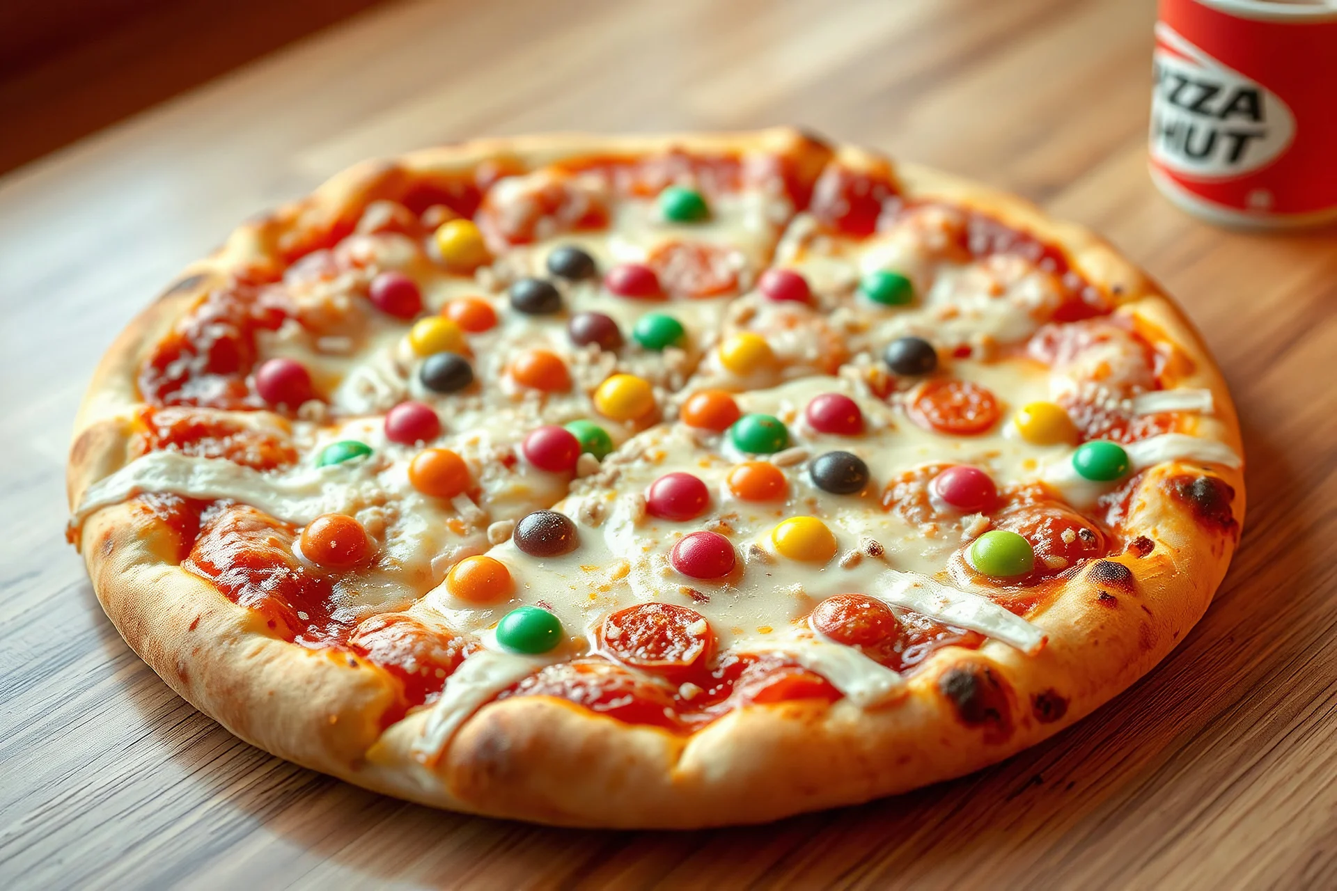 photorealistic Pizza from pizza hut with candy topping