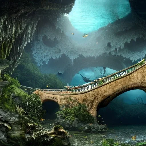 a bridge and a forest inside an underwater cave, school of fish, 8k Resolution, Fine-Detail, High-Quality, Intricate, Detailed Matte, 3d Octane Render, Beautiful, Stunning, Brian Froud, Selina French, Howard Lyon, Greg Rutowski, Annie Dittman, Annie Stokes