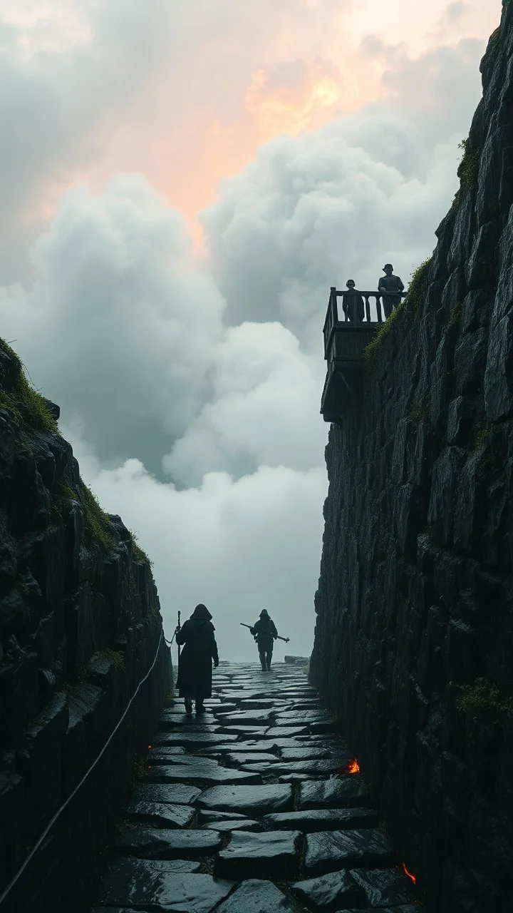 Fire under narrow black stone path above the ground gradually getting higher into the clouds no railings, dangerous drop people in black leathers medievil period weather is wet spiraling into the clouds fantasy,