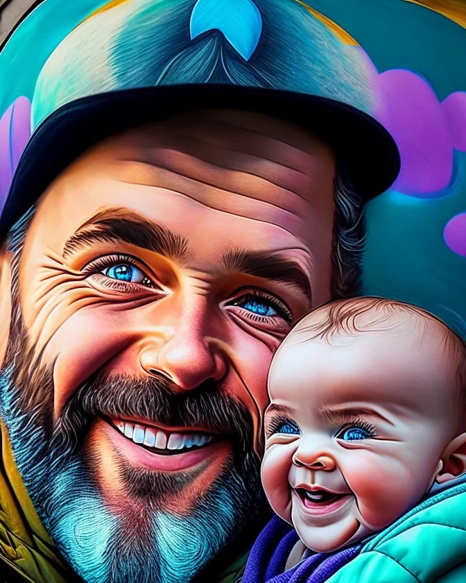 Papá feliz sonriente con su bebé mirándolo a los ojos felíz colores contrastantes obra de arte arte callejero impactante detallado hiperrealista 8k coherente