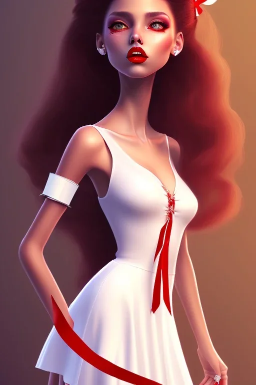 Maria, West Side Story, light brown skin, bright red lipstick, long dark brown hair, white flowy dress with a red ribbon only around the waist, straightened hair, White Heels, long black eyelashes