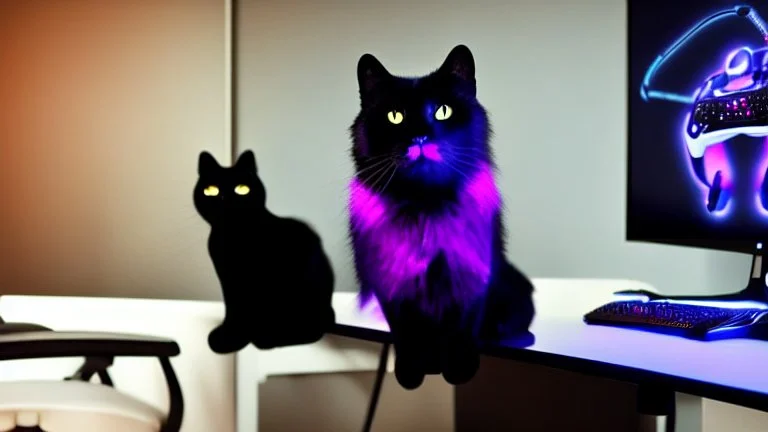 Cute black cat sitting on a gaming chair, in front of a gaming PC table, in a dark room with purple lights and gaming posters, atmospheric, gorgeous, realistic