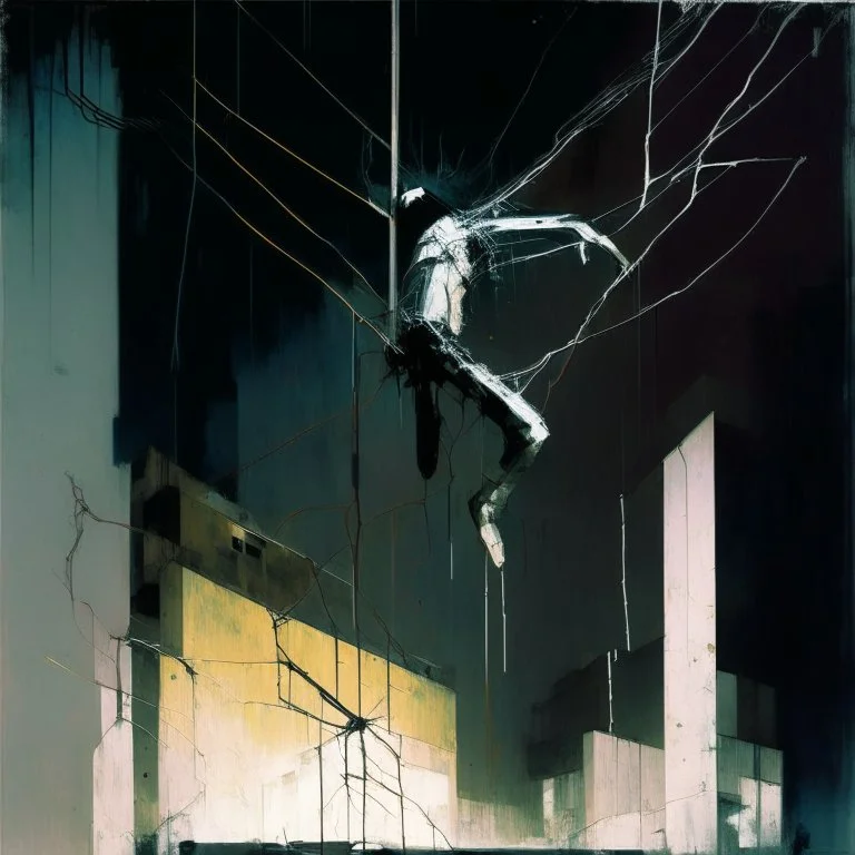 Minimal abstract oil painting of a falling person limbs sinew. Amongst concrete fragments brutalist architecture and hanging wires illuminated at night. In the style of Justin Mortimer and Phil Hale and Ashley Wood