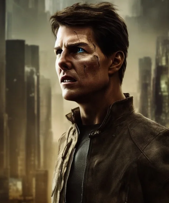 A portrait post-apocalypse cyborg Tom Cruise in a cyberpunk city, sci-fi fantasy style, 8k, volumetric lighting, particales,highly detailed,cinematic, deep scars on face,deep colours.