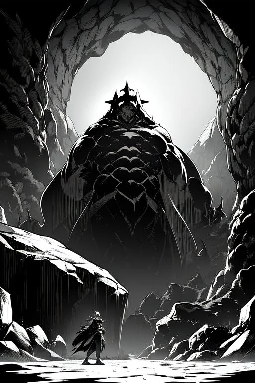 A beam shines in the middle of an immense and dark cave, greyscale