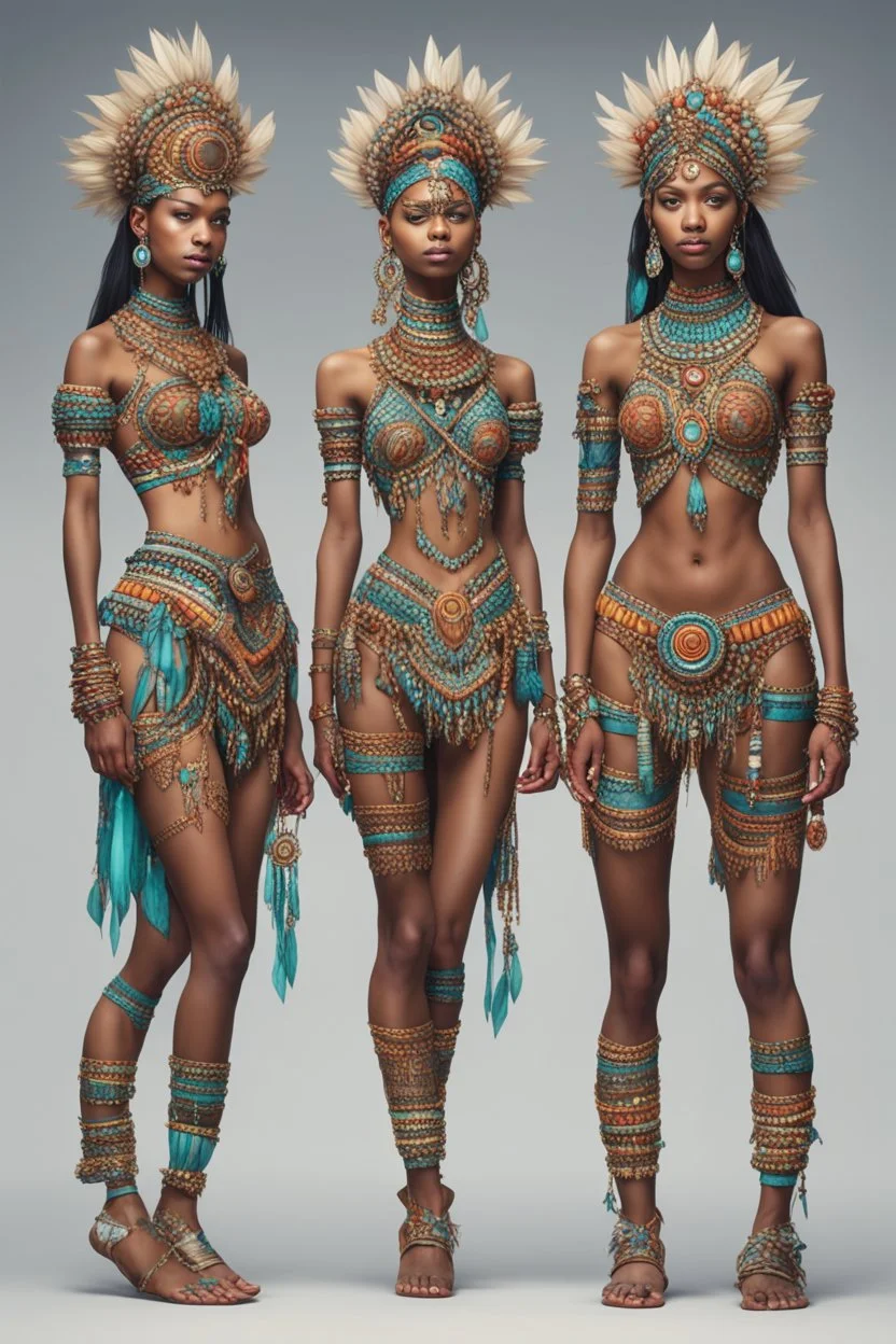 full body. cute. Fashion concept. Clothing style variations: think of a Unique and complicated tribal with jewels. 2 models, front and back. Hyper-detail. 8k quality.