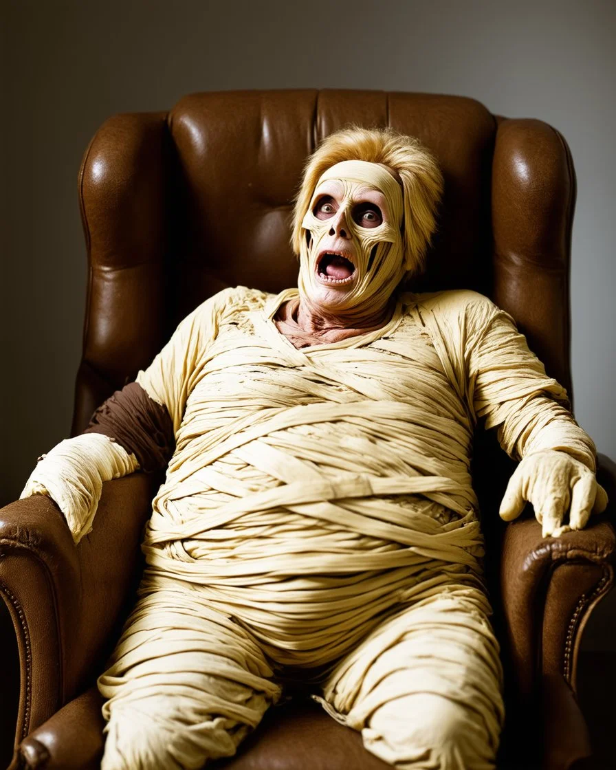 a chubby really old decrepit realistic male mummy, blonde hair, leaned over in a brown chair, mouth open