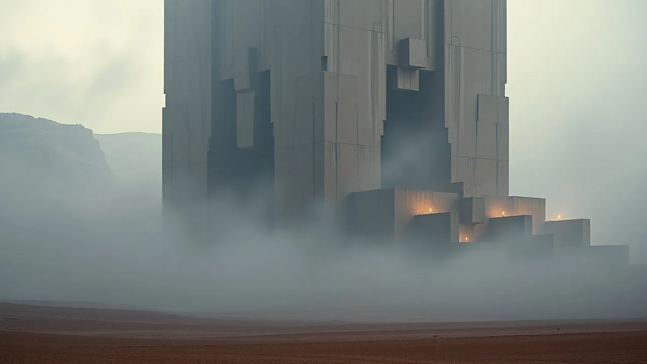 Massive brutalist architecture emerging from a desert landscape, fused with the ancient ksar structures of Ksar Ouled Soltane, partially hidden in dense fog. Monumental concrete forms mixed with traditional North African clay granaries, cinematic composition, ultra detailed, photorealistic, atmospheric lighting, dark surreal mood, mysterious scale, soft sandstorm haze, moody shadows, dystopian yet ancient feeling, high contrast, realistic textures, epic wide-angle shot, fog