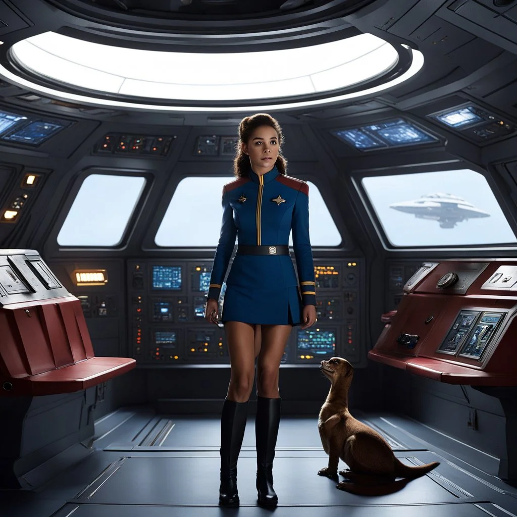 [high res photo directed by J-J Abrams] In the vast expanse of space, aboard a Starfleet vessel, a female starfleet cadet in the iconic miniskirt uniform tends to her unusual companion in the cargo bay area. Her pet dinosaur, a relic from a forgotten era, roams the metallic confines of the ship, its ancient presence juxtaposed against the sleek technology of the starship. As the cadet carefully feeds and interacts with her prehistoric friend, a sense of harmony and camaraderie fills the space.
