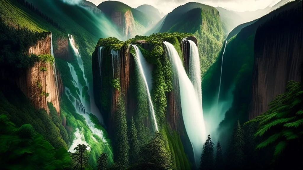 The image showcases a mesmerizing view of a massive waterfall cascading from the top of a mountain hill, with the waterfall soaring to a great height and flowing forcefully into the valley amid lush green trees and vegetation. The image reflects the beauty and power of nature and its enchanting impact on the surrounding environment, inviting viewers to explore these magnificent natural landmarks around the world.