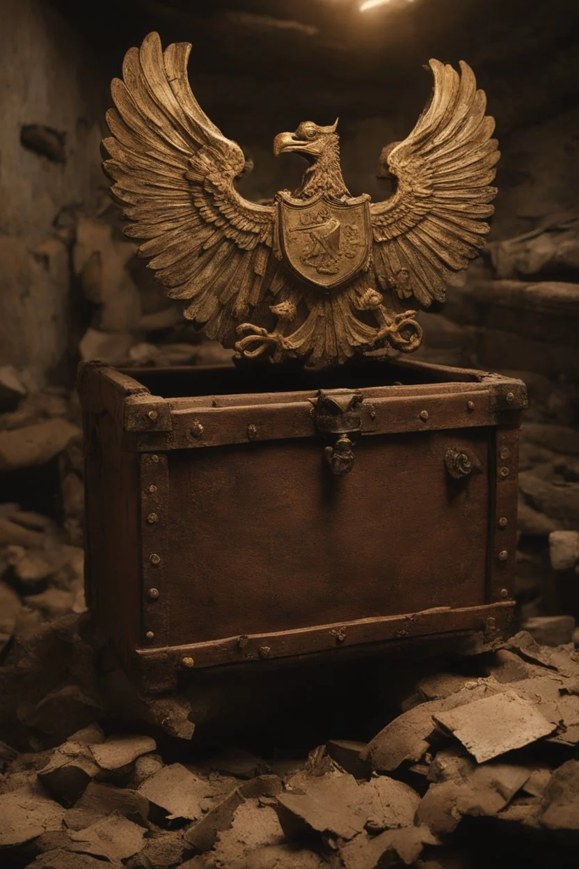 in the BASEMENT there is an old, broken brown oblong leather chest with short handles, from which gold coins from the time of Catherine the Great fall out. The ancient coat of arms of tsarist Russia, the double-headed eagle, is BARELY VISIBLE on the bag. There are a lot of broken bricks and earth around the bag. All in high quality 8K