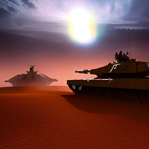 volumetric dramatic desert Battle scene with futuristic hovering military armored Hovercraft tank painted by chris foss, Laser turret, floating, 4k, 8k, Minutiae, highly detailed, rivets, hovering, stripes, sunset duststorm, nimbus clouds