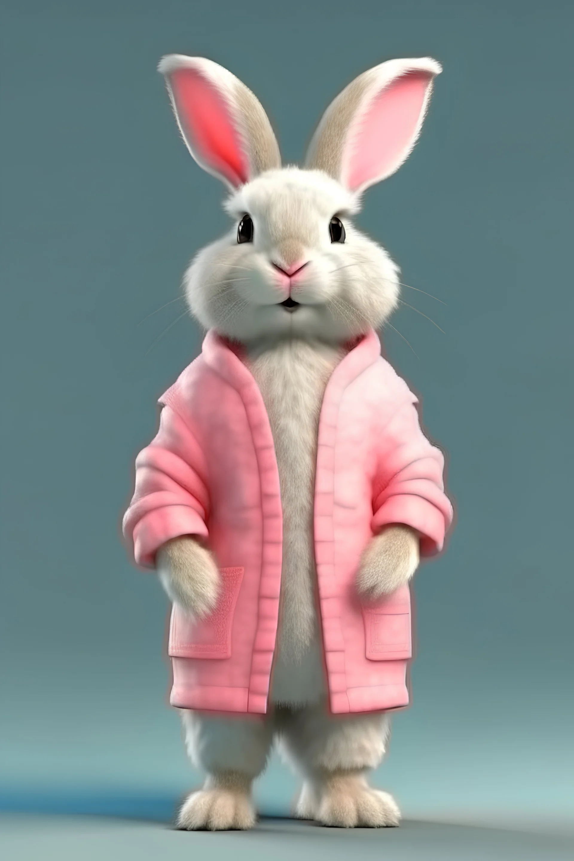 realistic humanoid rabbit with pink fur standing on two legs and wearing human clothes