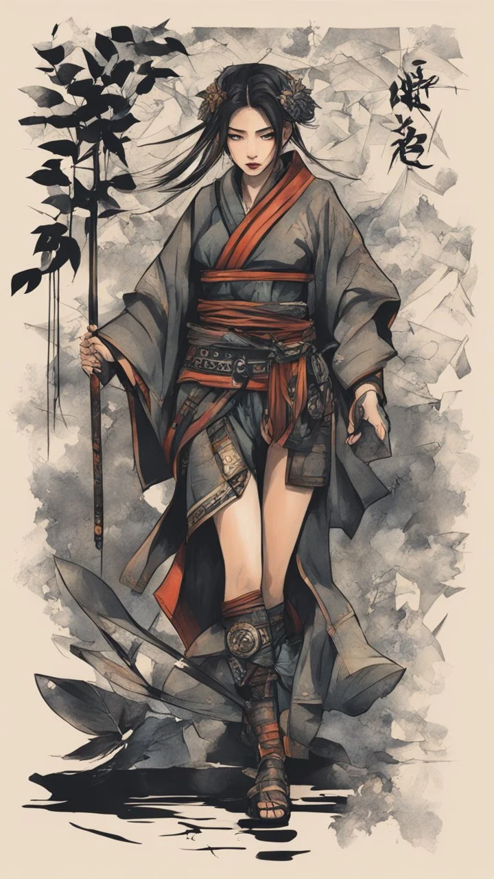 bits of color, furistic Sketch book, hand drawn, dark, gritty, realistic sketch, Rough sketch, mix of bold dark lines and loose lines, bold lines, on paper, samurai girl, leaves, animals, runes, dark theme,