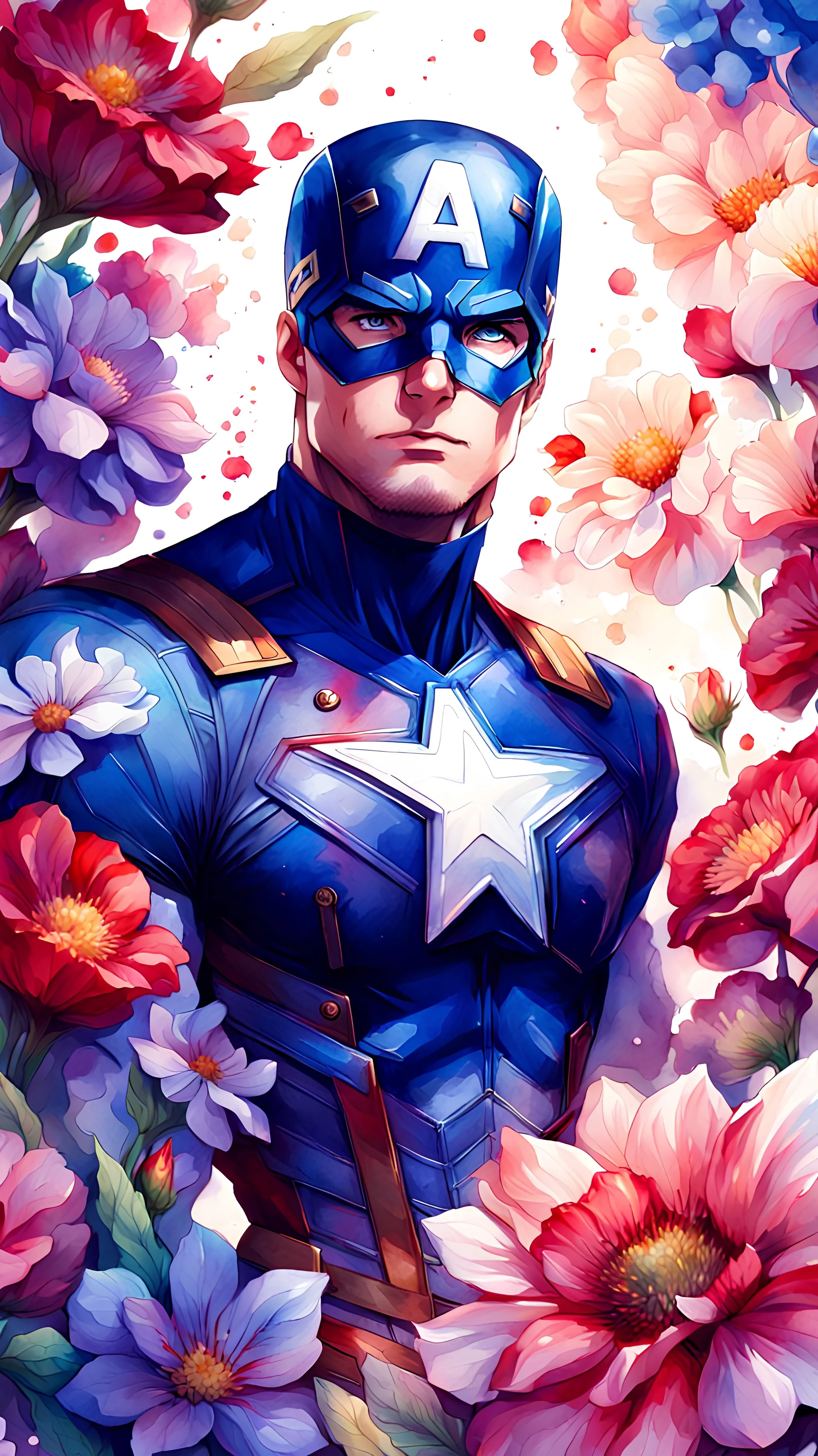 Abstract watercolor anime art of a Captain American surrounded by flowers, 8k, stunning intricate details, by artgerm surreal 8K image