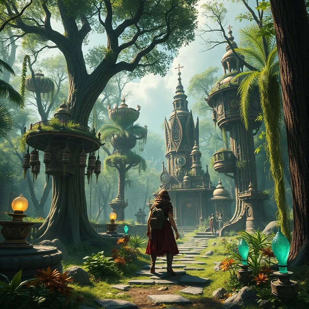 Scene from a modern fantasy movie featuring the "Garden of Practicality", the Clockwork Forest Realm of Ix Chel, Cyberpunk style.