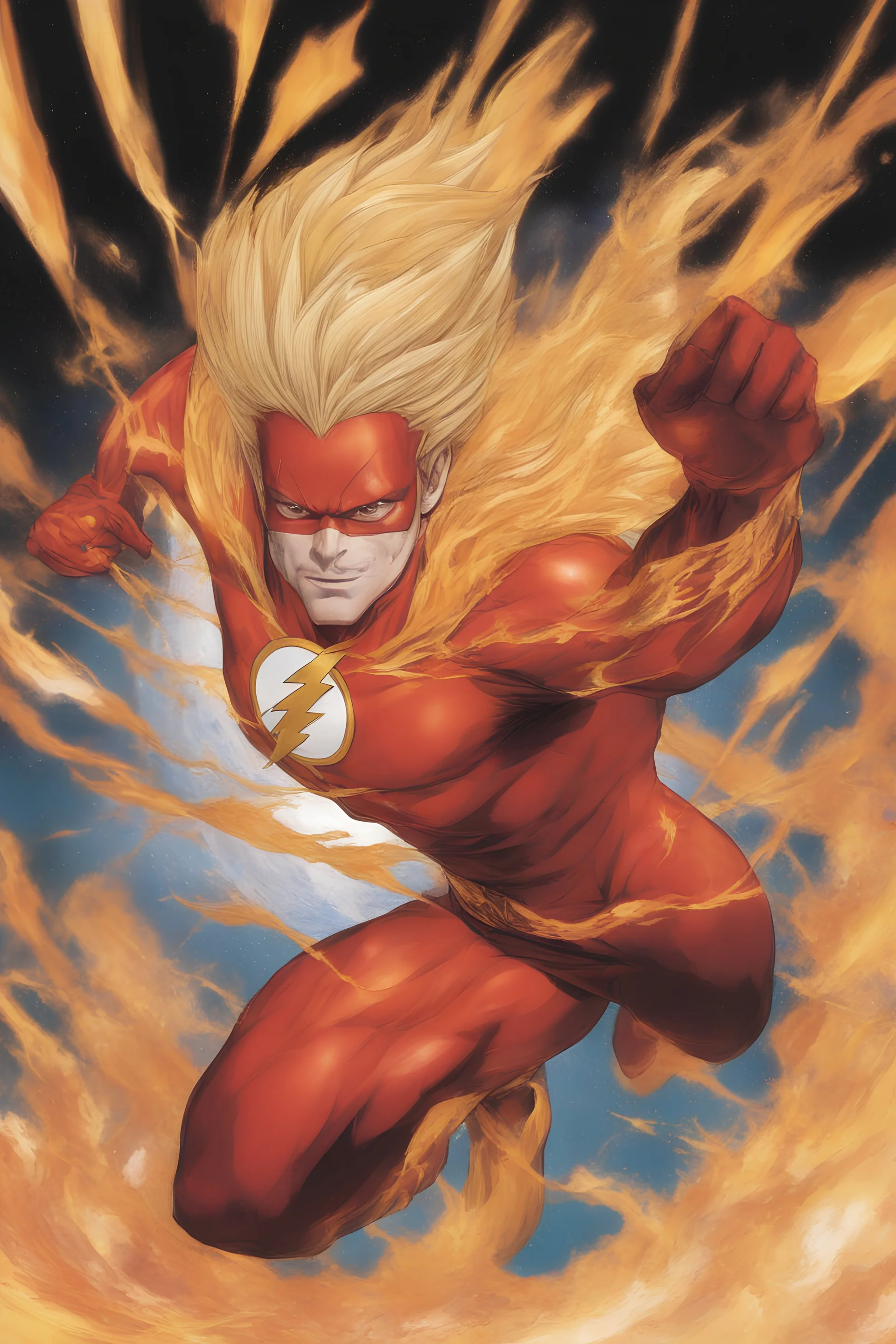 close-up, Head and shoulders portrait of Johnny Bravo as the Flash wearing red, bandit eye mask, a bright red spandex flash suit with gold boots, and gold wrist gauntlets, standing up straight, with his arms at his sides, looking directly into the camera, extremely colorful, multicolored lightning, outer space, planets, stars, galaxies, fire, explosions, smoke, volcanic lava, craggy mountain peaks in the background, 32k UHD, 1080p, 1200ppi, 2000dpi, digital photograph