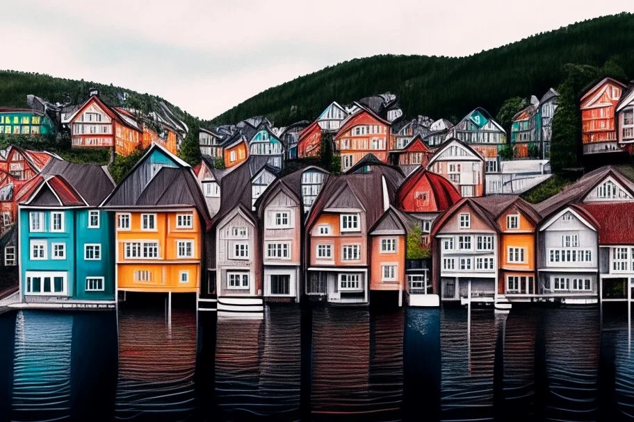 Colored pencil drawing, Very detailed, Realistic, Drawing of the colorfull houses in the city Bergen in Norway. Colorfull, professional, realistic, detailed, ultra HD, pencil strokes