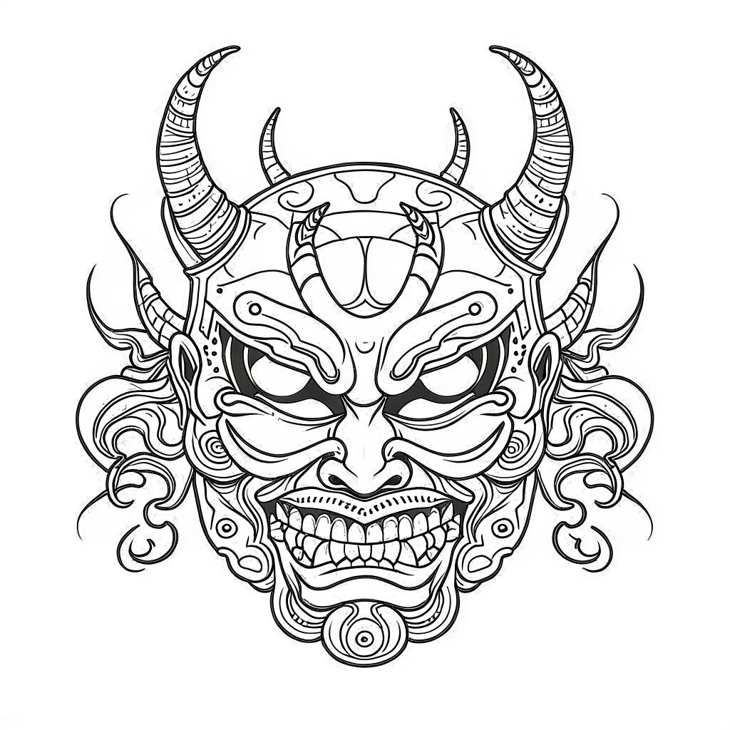 White, minimalis line art , oni mask japanes scarry, vector, white background, outline, with images neatly contained within the background, just black and white color,