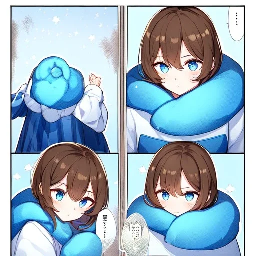 Clear focus, High resolution, A anime kid, cute, rough line skecth, star around kid, sparkling eyes, medium fluffy brown hair, blue sparkling eyes, 1girl (solo), wearing a blue snow cloak and a white shirt, comic with 1girl (solo), winter background, lots of dialoge