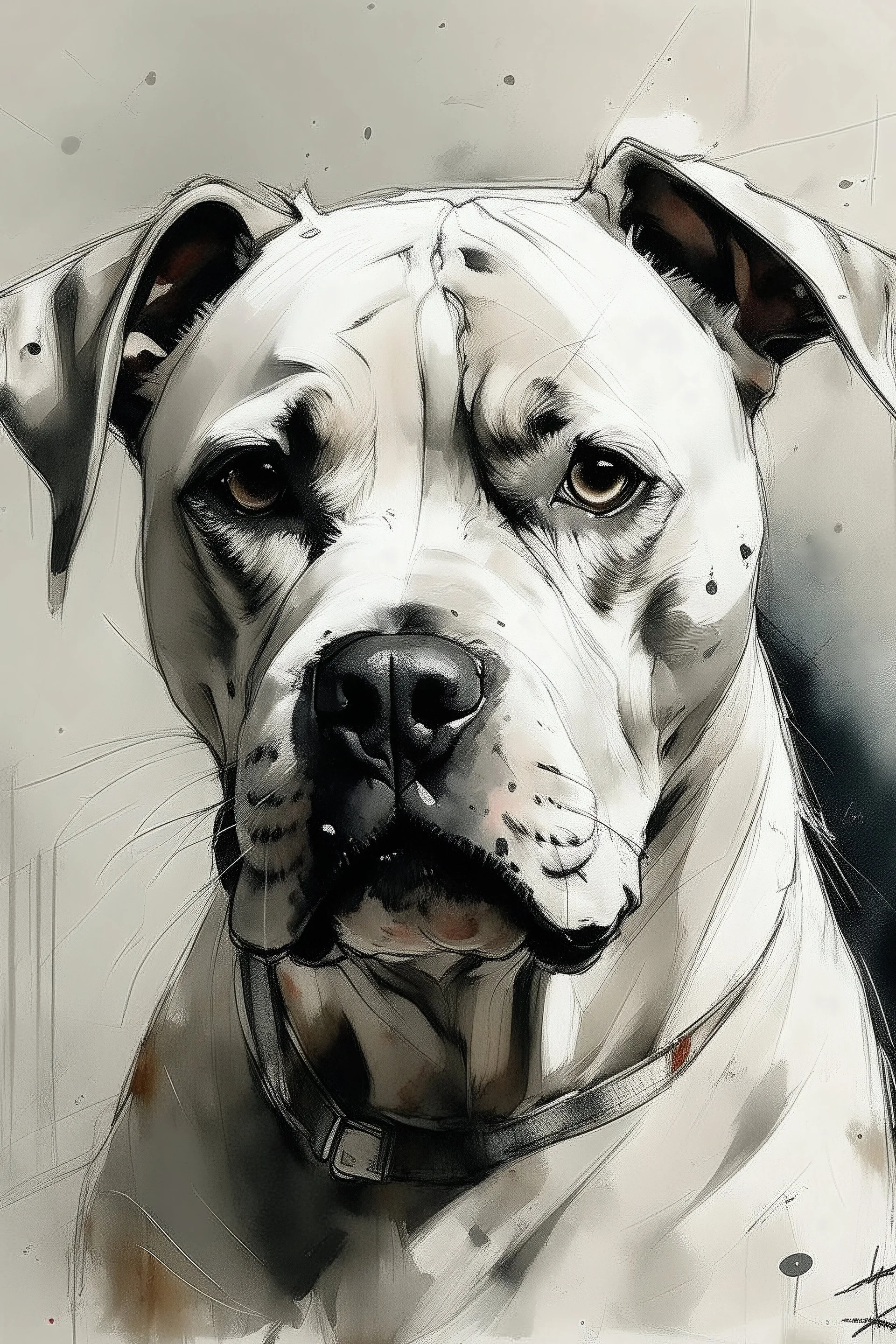 White Staffie dog with gentle expression in the style of Willem Haenraets, Yoji Shinkawa, Guy Denning, Florian Nicolle In chalk and rough pastel
