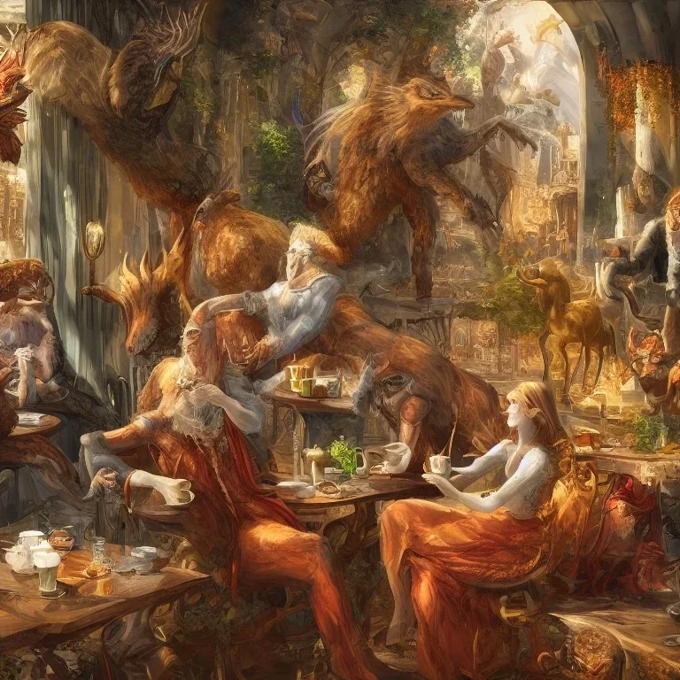 Mythical and legendary creatures sitting in a cafe drinking coffee with detailed details, full and clear painting elements, full HD painting resolution, 4K, 8K, 16K,