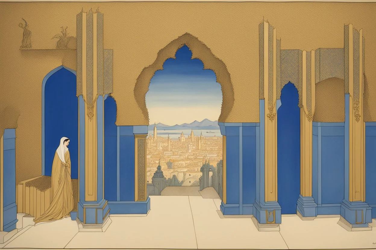 an open gothic_Arab gate in a blue-and-gold-tiled wall with a view of an old city by artist "Beardsley",by artist "Rackham",by artist "Bertha Lum",by artist "Dulac",by artist "Erte"