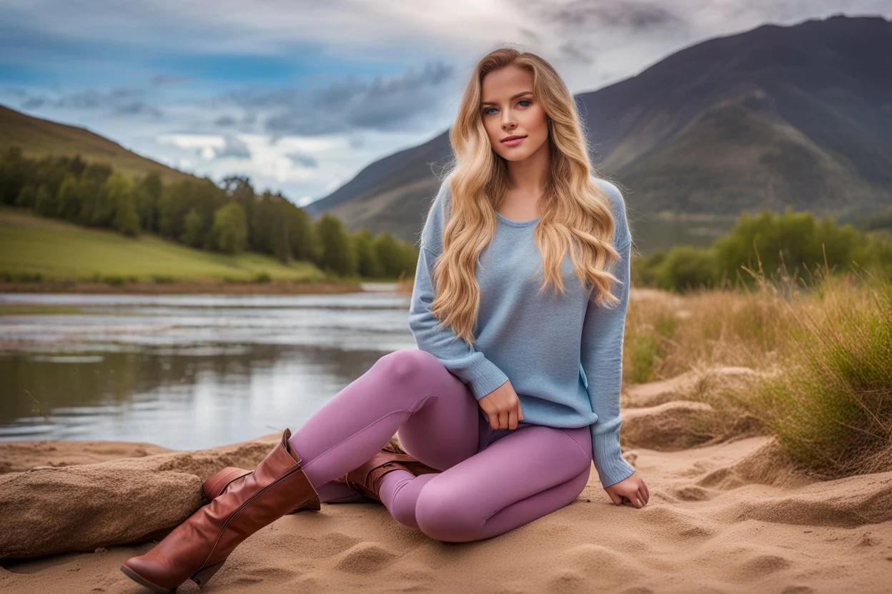 country side ,blue sky , mountains, pretty clouds ,small river with clear water and nice sands in floor,beautiful 18 year old girl with ash blonde hair and blue eyes with her curvy hair down, wearing a long-sleeved woollen top, and lilac long leggings, with long red boots full body standing pose shot