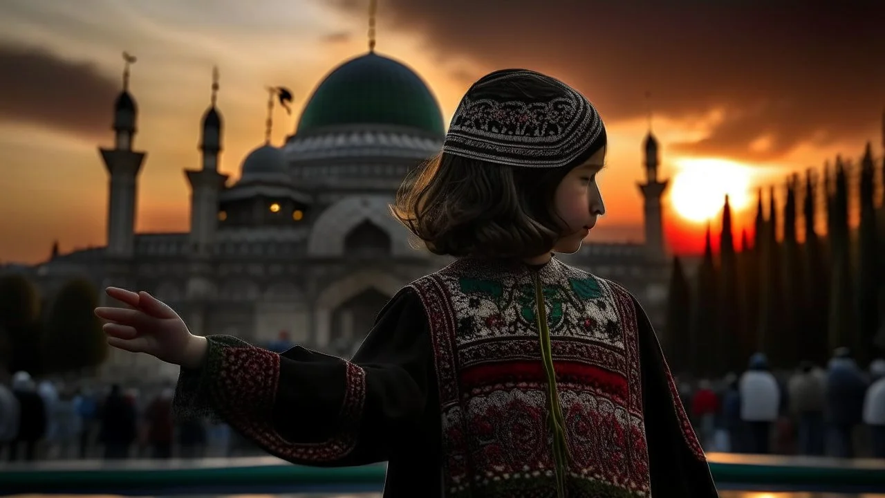 A Palestinian girl have wings wearing an embroidered dress with the Dome of the Rock in front of her during sunset in winter.