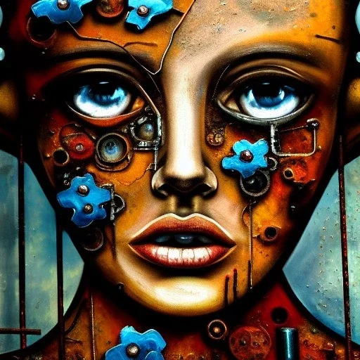 an abstract painting oil in canvas of rusted metal and flowers of beautiful female Cyborg, rust, scaffolding, iron cladding, decay, mixed media, textured, anatomically correct, beautiful perfect face,beautiful perfect sad eyes, sharp focus, highly detailed, masterpiece, realistic, intricate detail, sci-fi fantasy style, volumetric lighting, particles, highly detailed ,cinamatic , deep colours, 8k, by Leonardo da Vinci , signed YAK