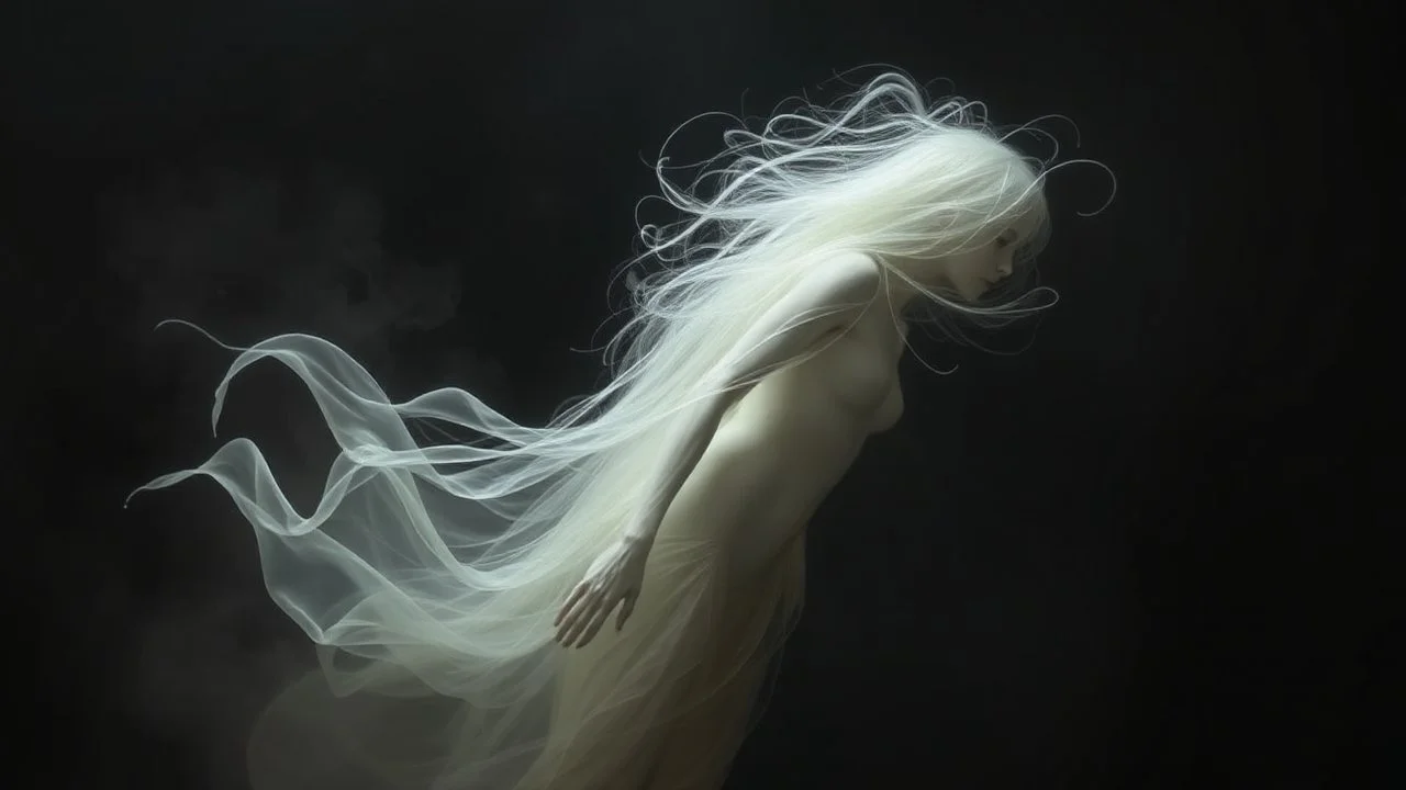 A ghostly, ethereal figure with flowing, wispy hair and a distorted, elongated body emerging from a dark, smoky background