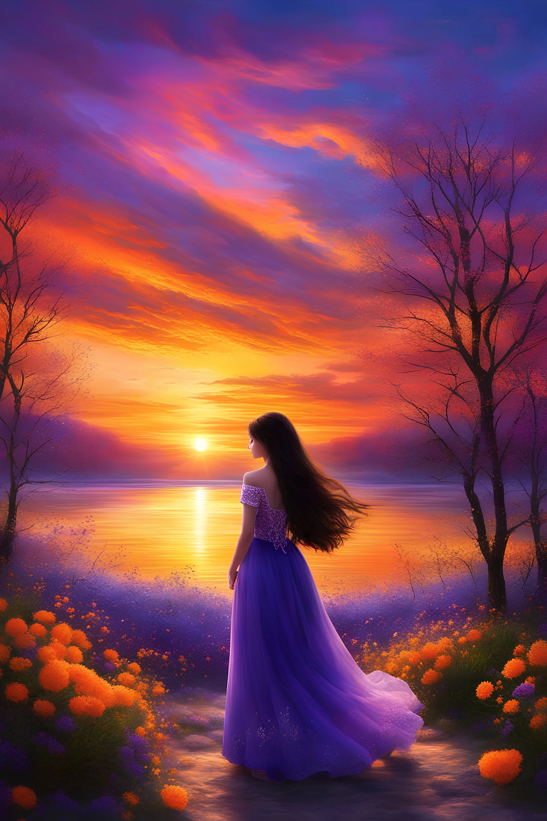 The girl with the dark hair and bold eyes watches the sunset, with a kindness untold, in hues of orange, purple, and gold. Behold this vibrant world, so beautiful in its display. Spring's breath whispers through the air, painting nature in colors beyond compare. Her soul shimmers, reflecting the vivid flair of the sky. This moment is frozen, forever to share.