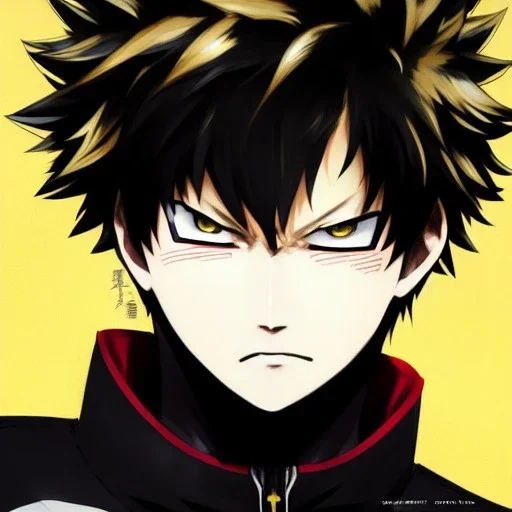 Detailed anime portrait of bakugo from my hero academia, gold hair and golden eyes, black suit, intricate details, full body portrait, keep head in frame, slight smile, black Japanese motif, concept art, highly detailed, digital painting, concept art, sharp focus, illustration, art by Yoji Shinkawa, WLOP and greg rutkowski and alphonse mucha and artgerm and yanjun Chen and Junji ito and Makoto Shinkai, HDR, octane render