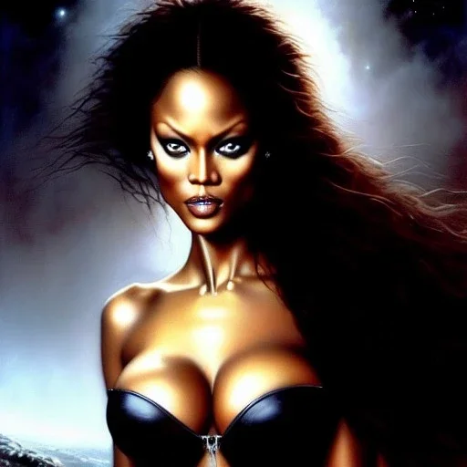 portrait of beautiful busty Tyra Banks painting by azpiri,Brom,Luis Royo oil on canvas, cinematic composition, extreme detail,fit full head inside picture